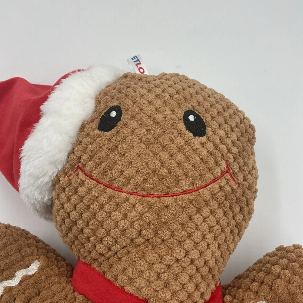 Dog Pet Toy Squeaker Chew Soft Squeaky Gingerbread Man Plush Brown Red Large 14